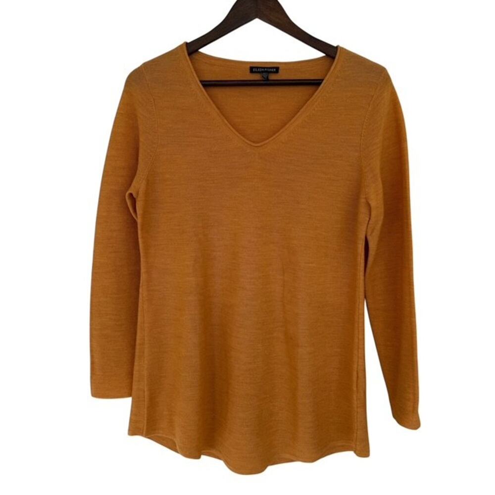 Eileen Fisher Knit Merino Wool Sunflower Yellow V-Neck Sweater Medium Minimalist